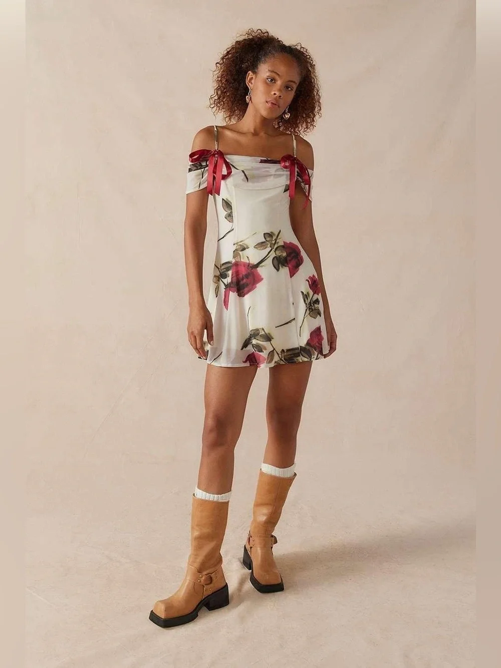Kimchi Blue Off-Shoulder White Mini Dress with Red Rose Print and Ribbon Straps